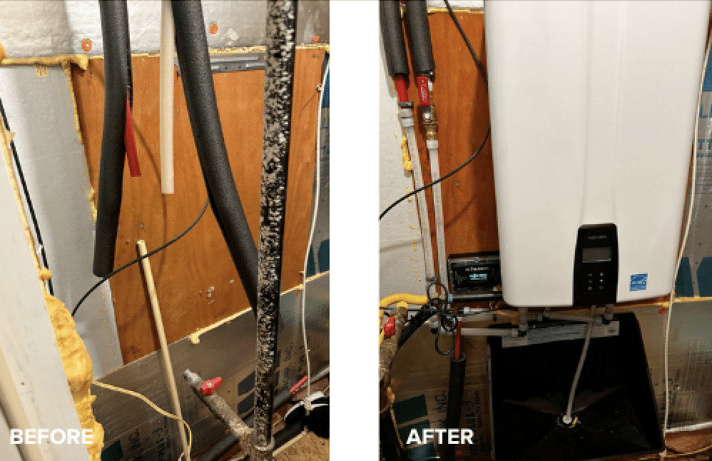 before & after of a new tankless water heater being installed