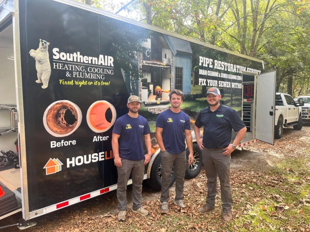 Southern air techs standing outside of their trailer smiling